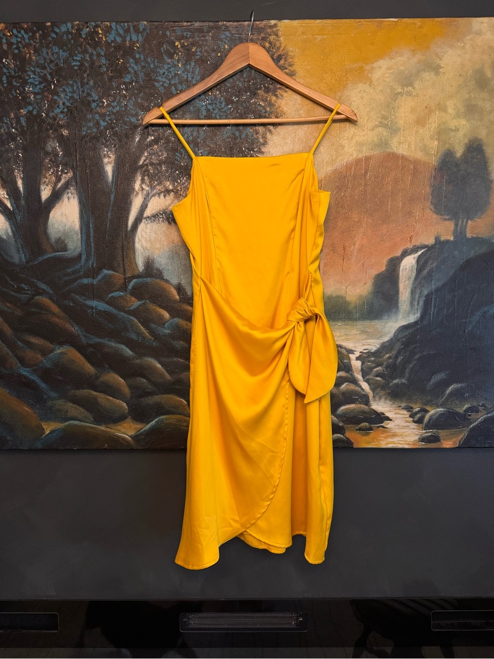 Nine West Mustard Yellow Tie-Accent Midi Slip Dress
